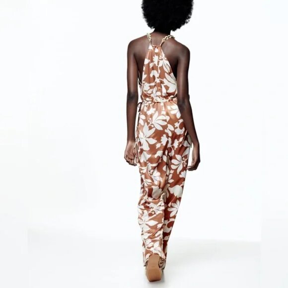 Zara NWT Brown White Floral Printed Jumpsuit Floral Satin With Neck Chains - Picture 10 of 11